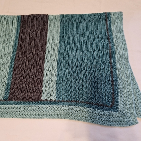 Handmade Upcycled Baby Blanket Blue Brown Striped Hand knit Crochet Nursery Gift - Picture 7 of 16